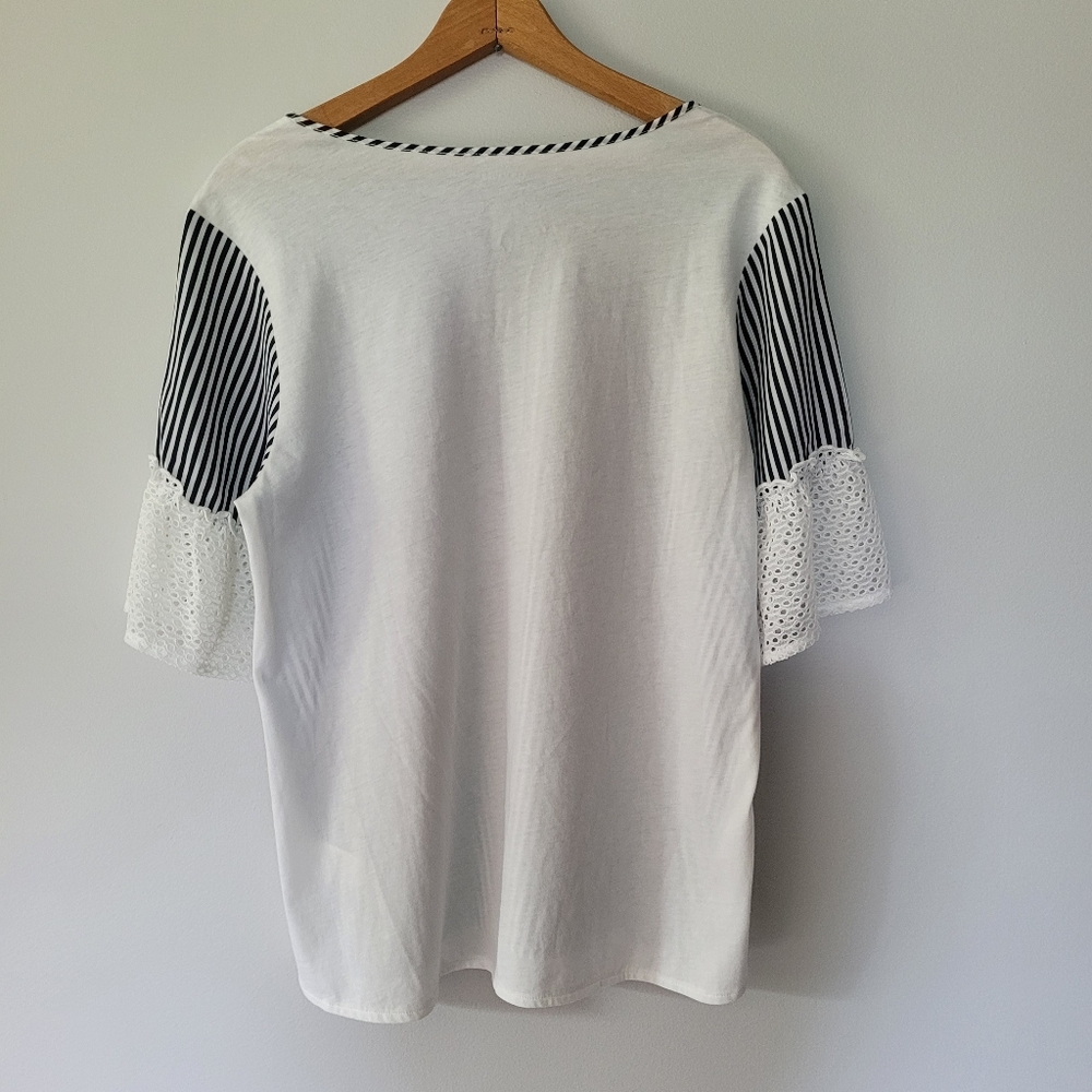 Boho Van Heusen Navy & White stripe lace sleeved top, M - Picture 3 of 5